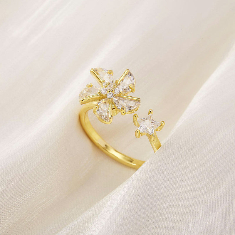 Gold-Plated Crystal Flower Ring with Star Accent