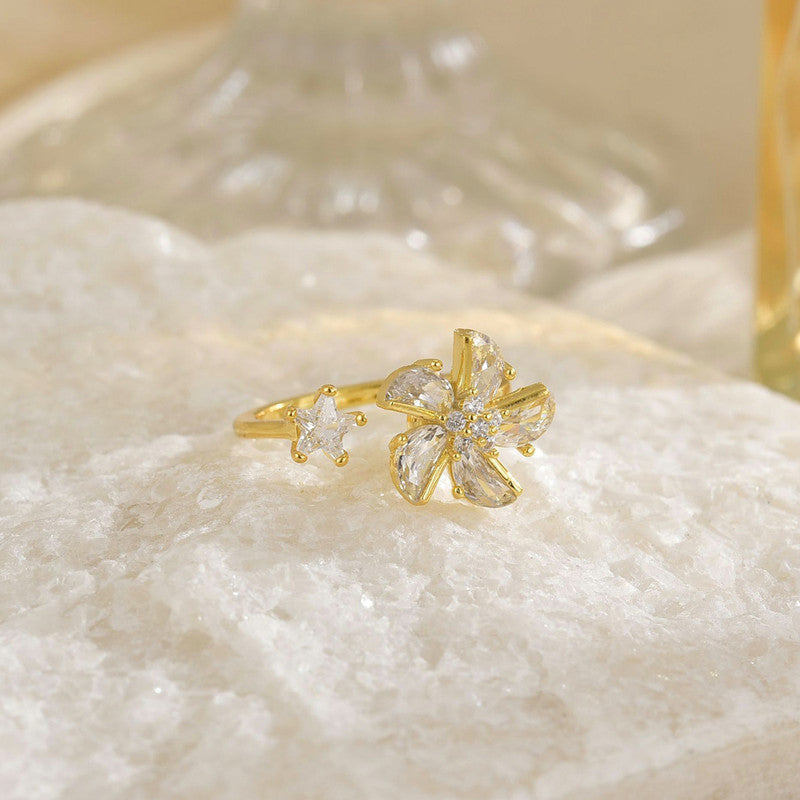Gold-Plated Crystal Flower Ring with Star Accent
