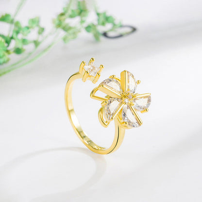 Gold-Plated Crystal Flower Ring with Star Accent