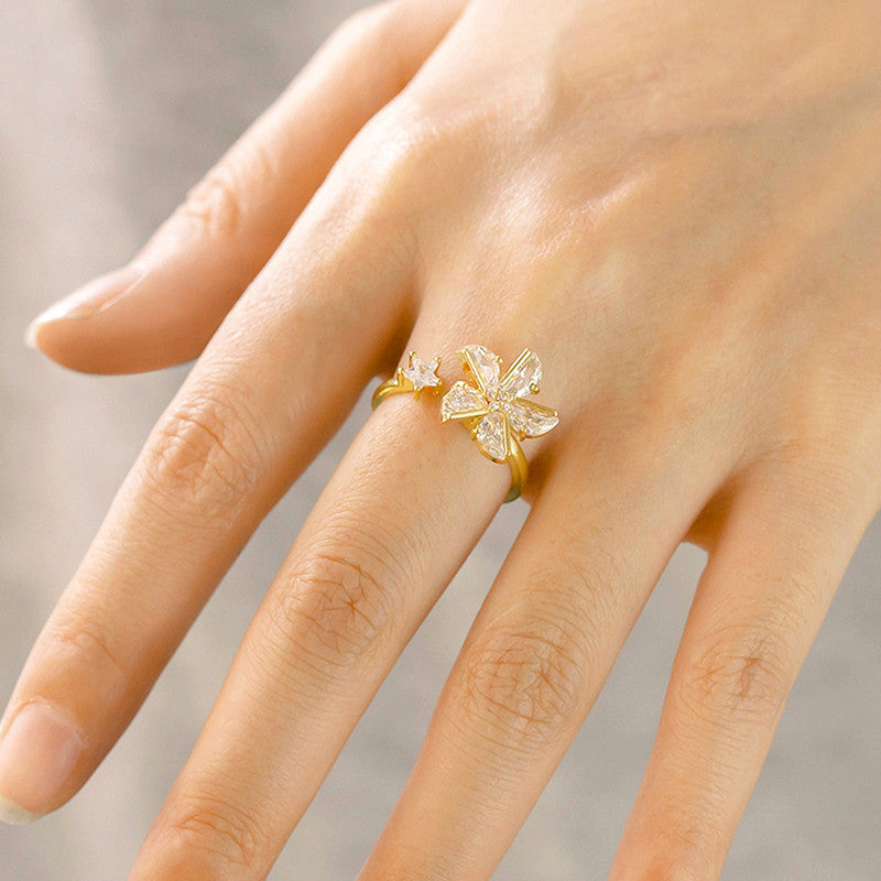 Gold-Plated Crystal Flower Ring with Star Accent