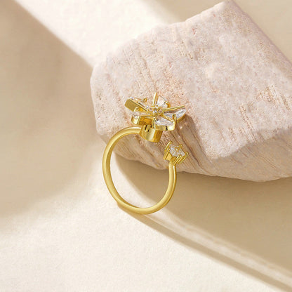 Gold-Plated Crystal Flower Ring with Star Accent