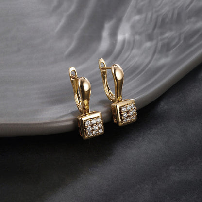 Gold-Plated Crystal Cube Drop Hoop Earrings