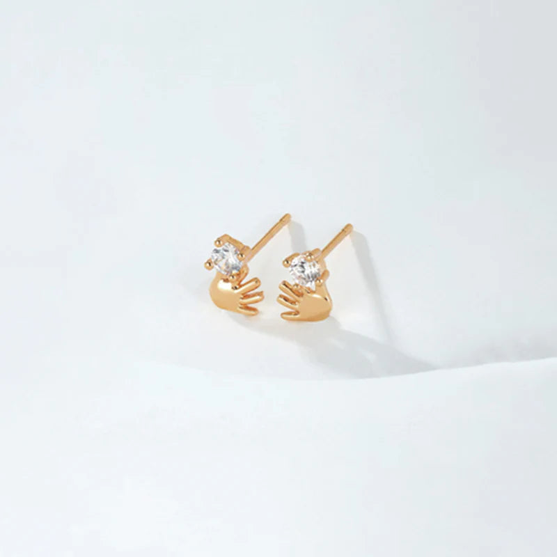 Minimal Hand Motif Stud Earrings with CZ Stone – Cute Chic Style