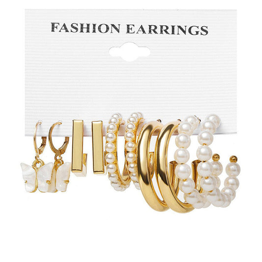 Gold Plated Pearl and Geometric Hoop Earrings Set of 5 for Women