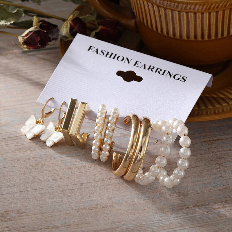 Gold Plated Pearl and Geometric Hoop Earrings Set of 5 for Women