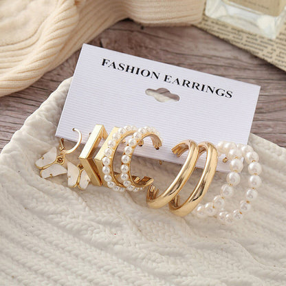 Gold Plated Pearl and Geometric Hoop Earrings Set of 5 for Women
