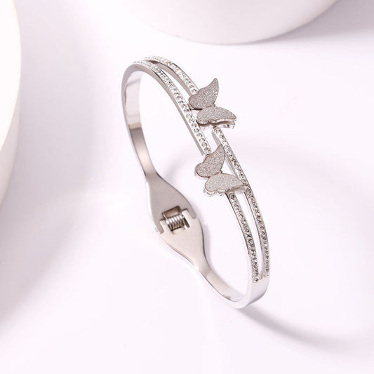 Silver Butterfly Crystal Double-Line Bracelet | Anti-Tarnish Stainless Steel Openable Cuff for Women