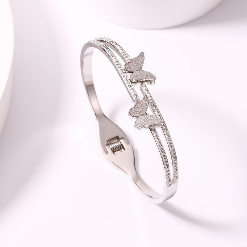 Silver Butterfly Crystal Double-Line Bracelet | Anti-Tarnish Stainless Steel Openable Cuff for Women