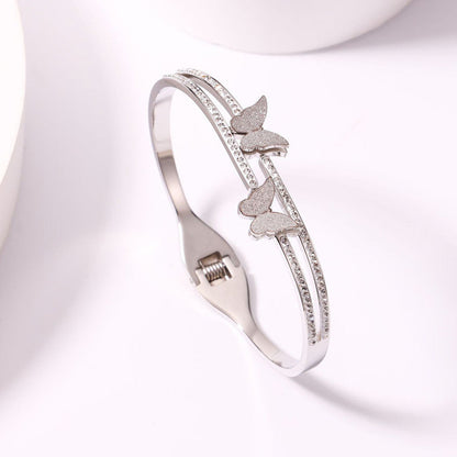 Silver Butterfly Crystal Double-Line Bracelet | Anti-Tarnish Stainless Steel Openable Cuff for Women