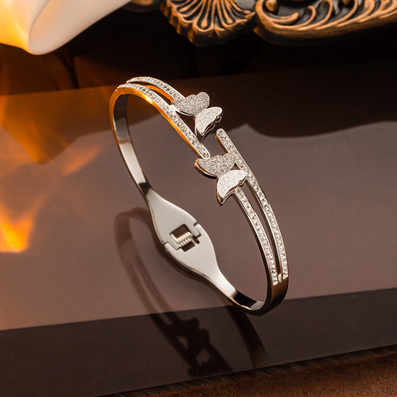 Silver Butterfly Crystal Double-Line Bracelet | Anti-Tarnish Stainless Steel Openable Cuff for Women