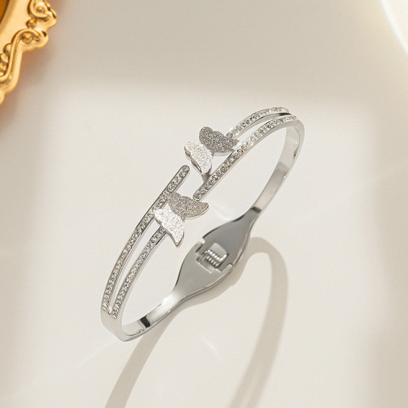 Silver Butterfly Crystal Double-Line Bracelet | Anti-Tarnish Stainless Steel Openable Cuff for Women
