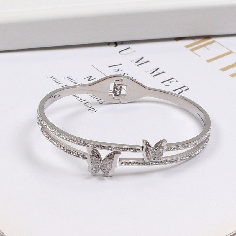 Silver Butterfly Crystal Double-Line Bracelet | Anti-Tarnish Stainless Steel Openable Cuff for Women