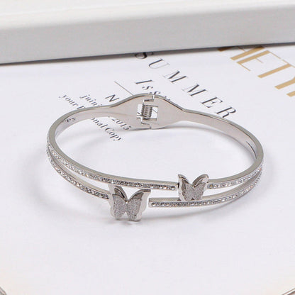Silver Butterfly Crystal Double-Line Bracelet | Anti-Tarnish Stainless Steel Openable Cuff for Women