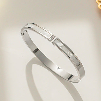 Silver-Plated Mother of Pearl Inlay Bracelet with Crystal Accent | Stainless Steel Anti-Tarnish Openable Cuff