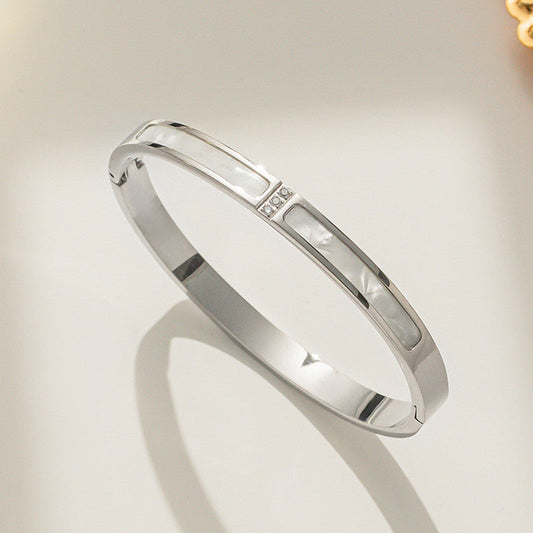 Silver-Plated Mother of Pearl Inlay Bracelet with Crystal Accent | Stainless Steel Anti-Tarnish Openable Cuff