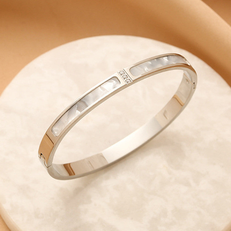 Silver-Plated Mother of Pearl Inlay Bracelet with Crystal Accent | Stainless Steel Anti-Tarnish Openable Cuff