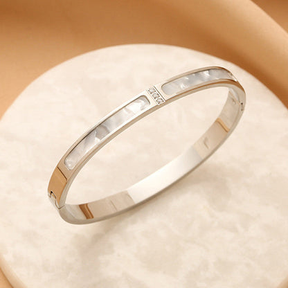 Silver-Plated Mother of Pearl Inlay Bracelet with Crystal Accent | Stainless Steel Anti-Tarnish Openable Cuff