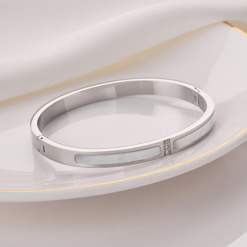 Silver-Plated Mother of Pearl Inlay Bracelet with Crystal Accent | Stainless Steel Anti-Tarnish Openable Cuff