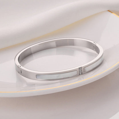 Silver-Plated Mother of Pearl Inlay Bracelet with Crystal Accent | Stainless Steel Anti-Tarnish Openable Cuff
