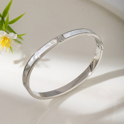 Silver-Plated Mother of Pearl Inlay Bracelet with Crystal Accent | Stainless Steel Anti-Tarnish Openable Cuff