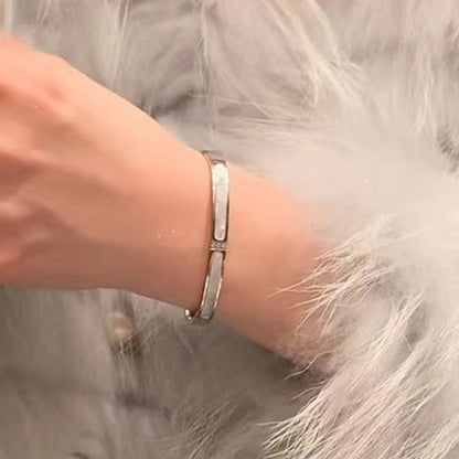 Silver-Plated Mother of Pearl Inlay Bracelet with Crystal Accent | Stainless Steel Anti-Tarnish Openable Cuff
