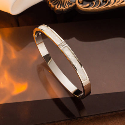 Silver-Plated Mother of Pearl Inlay Bracelet with Crystal Accent | Stainless Steel Anti-Tarnish Openable Cuff