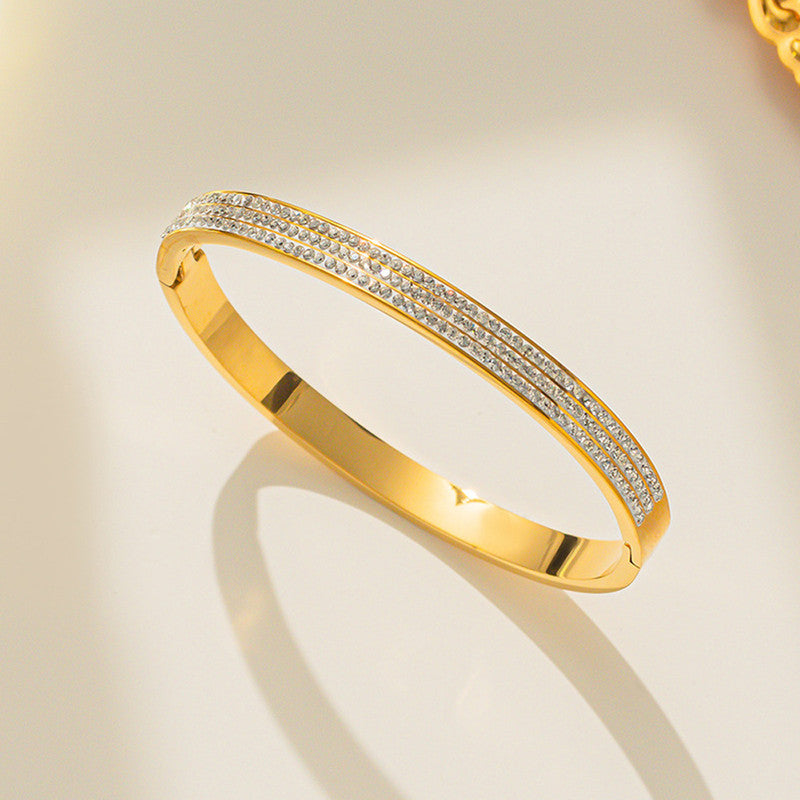 Gold-Plated Triple Line Crystal Bracelet | Anti-Tarnish Stainless Steel Openable Cuff for Women