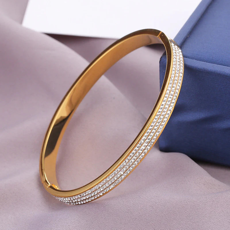 Gold-Plated Triple Line Crystal Bracelet | Anti-Tarnish Stainless Steel Openable Cuff for Women