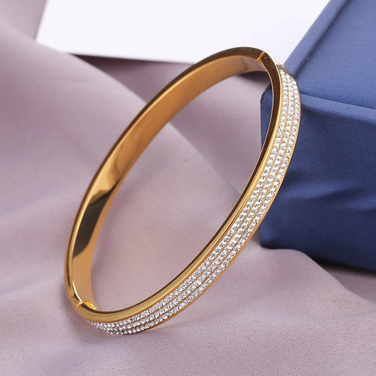 Gold-Plated Triple Line Crystal Bracelet | Anti-Tarnish Stainless Steel Openable Cuff for Women