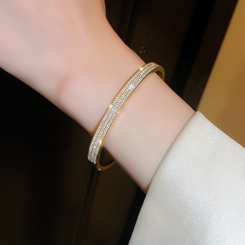 Gold-Plated Triple Line Crystal Bracelet | Anti-Tarnish Stainless Steel Openable Cuff for Women