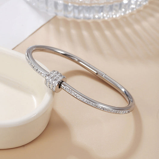 Minimal Crystal Ring Accent Silver Bracelet | Anti-Tarnish Stainless Steel Openable Cuff for Women