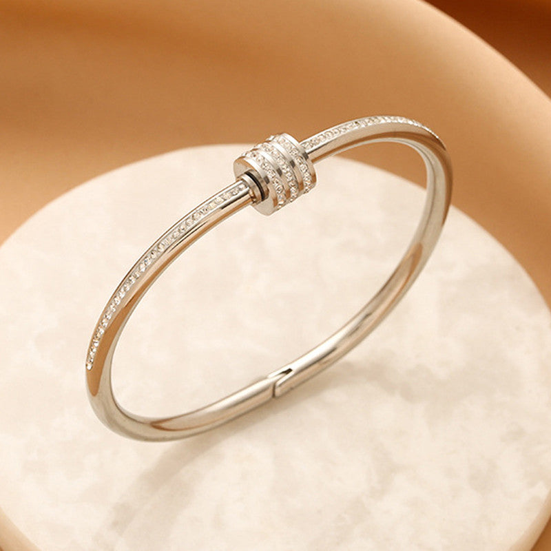 Minimal Crystal Ring Accent Silver Bracelet | Anti-Tarnish Stainless Steel Openable Cuff for Women