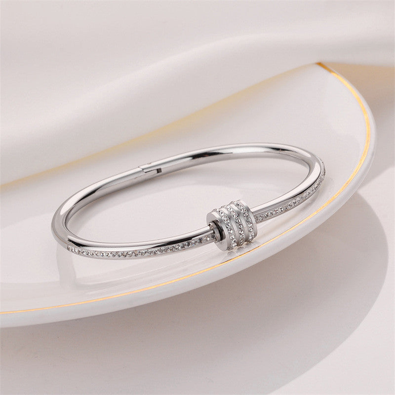 Minimal Crystal Ring Accent Silver Bracelet | Anti-Tarnish Stainless Steel Openable Cuff for Women