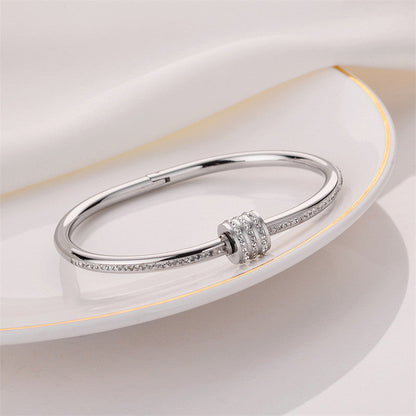 Minimal Crystal Ring Accent Silver Bracelet | Anti-Tarnish Stainless Steel Openable Cuff for Women