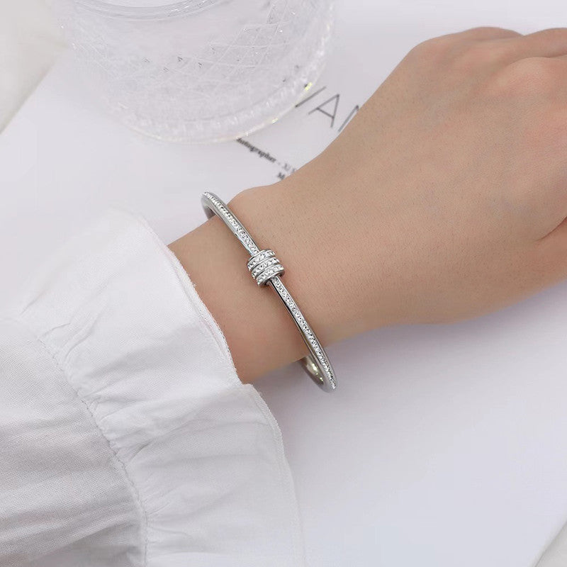 Minimal Crystal Ring Accent Silver Bracelet | Anti-Tarnish Stainless Steel Openable Cuff for Women