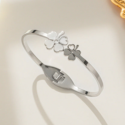 Silver-Toned Floral Mother of Pearl Openable Bracelet | Anti-Tarnish Stainless Steel Cuff for Women