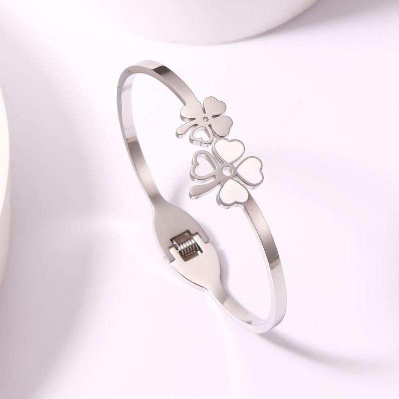 Silver-Toned Floral Mother of Pearl Openable Bracelet | Anti-Tarnish Stainless Steel Cuff for Women