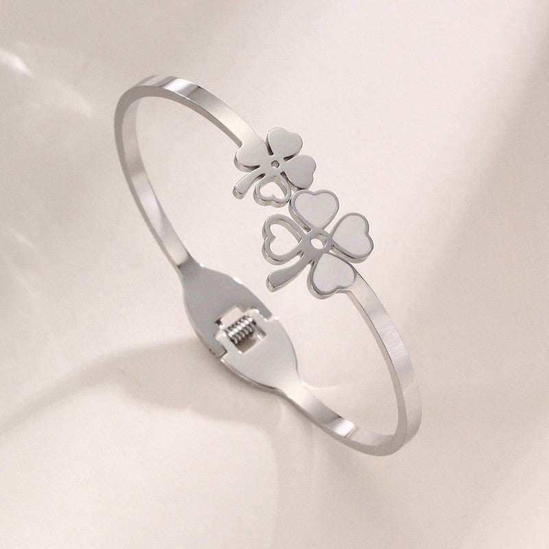 Silver-Toned Floral Mother of Pearl Openable Bracelet | Anti-Tarnish Stainless Steel Cuff for Women