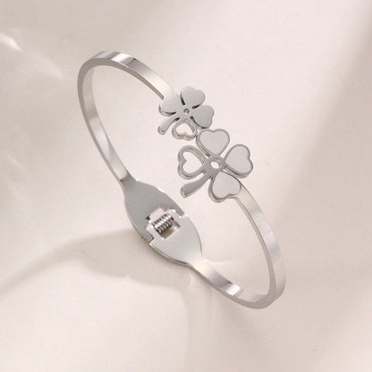 Silver-Toned Floral Mother of Pearl Openable Bracelet | Anti-Tarnish Stainless Steel Cuff for Women