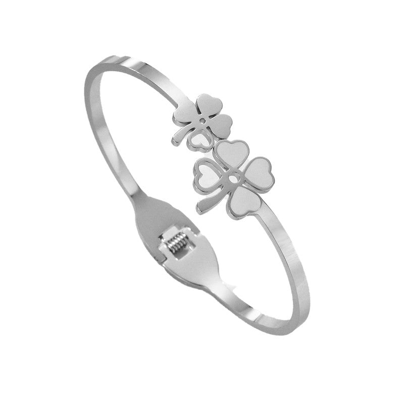 Silver-Toned Floral Mother of Pearl Openable Bracelet | Anti-Tarnish Stainless Steel Cuff for Women