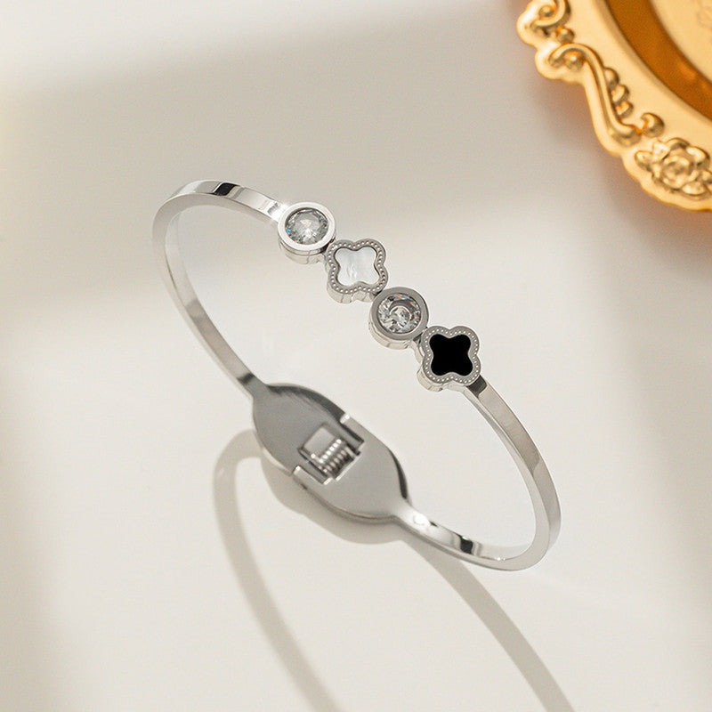 Anti-Tarnish Silver Clover Charm Bracelet with Crystals