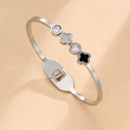 Anti-Tarnish Silver Clover Charm Bracelet with Crystals