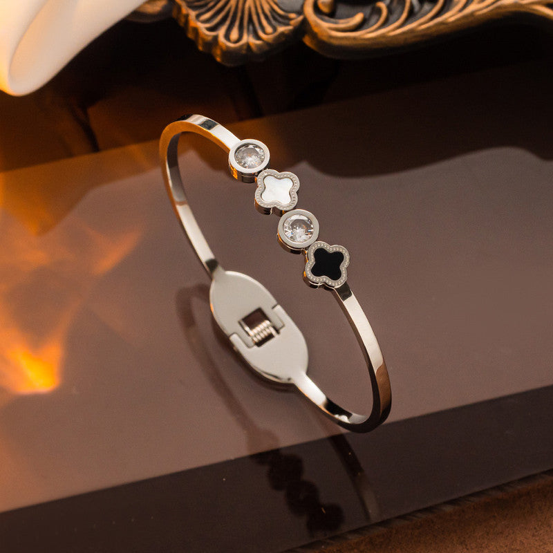 Anti-Tarnish Silver Clover Charm Bracelet with Crystals