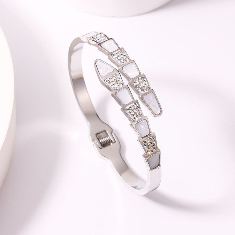 Elegant Crystal & Mother of Pearl Silver Bracelet for Women | Openable Anti-Tarnish Stainless Steel Bangle