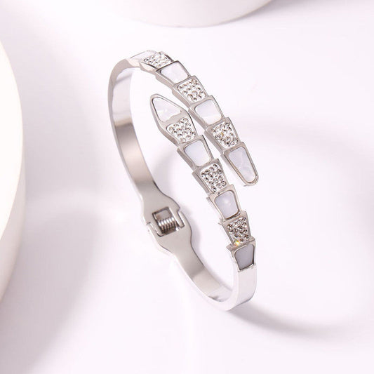 Elegant Crystal & Mother of Pearl Silver Bracelet for Women | Openable Anti-Tarnish Stainless Steel Bangle