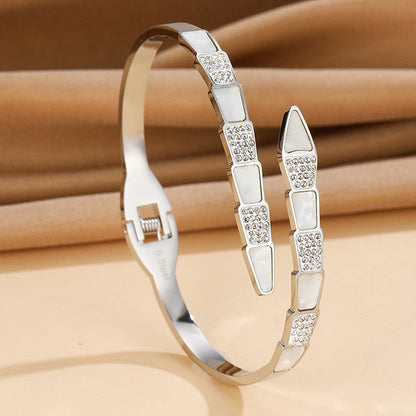 Elegant Crystal & Mother of Pearl Silver Bracelet for Women | Openable Anti-Tarnish Stainless Steel Bangle