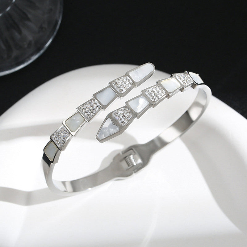 Elegant Crystal & Mother of Pearl Silver Bracelet for Women | Openable Anti-Tarnish Stainless Steel Bangle