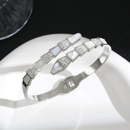 Elegant Crystal & Mother of Pearl Silver Bracelet for Women | Openable Anti-Tarnish Stainless Steel Bangle