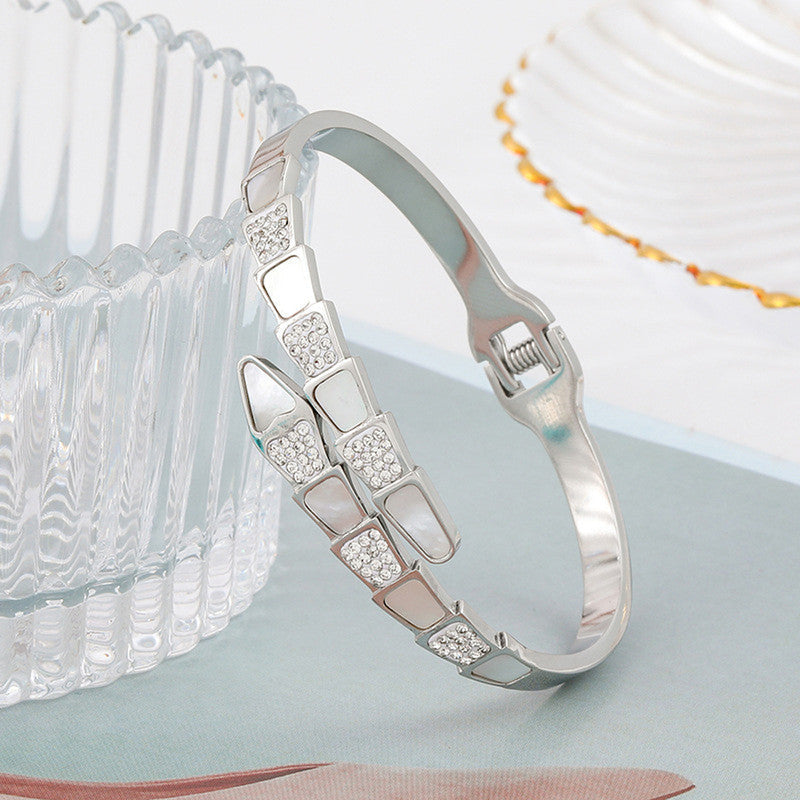 Elegant Crystal & Mother of Pearl Silver Bracelet for Women | Openable Anti-Tarnish Stainless Steel Bangle