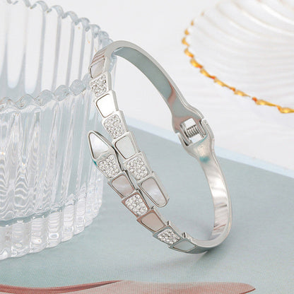 Elegant Crystal & Mother of Pearl Silver Bracelet for Women | Openable Anti-Tarnish Stainless Steel Bangle
